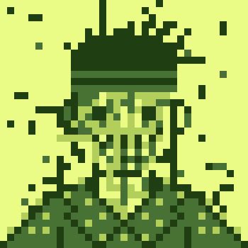 A pixel art image of a figure in green with dollar signs for eyes and mouth, wearing a hat, with green particles falling against a light green background.