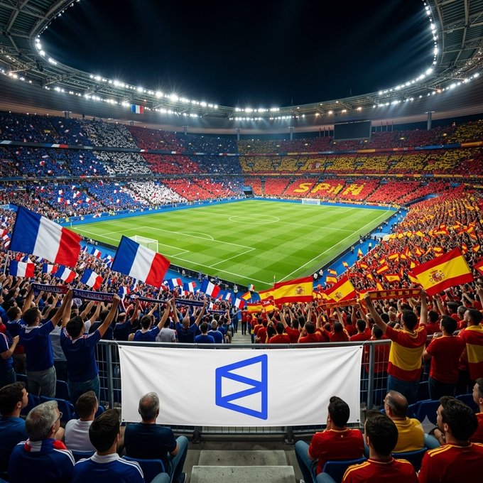 A vibrant football stadium scene with crowds waving French and Spanish flags, while fans in the foreground hold a white banner featuring a blue triangular logo.