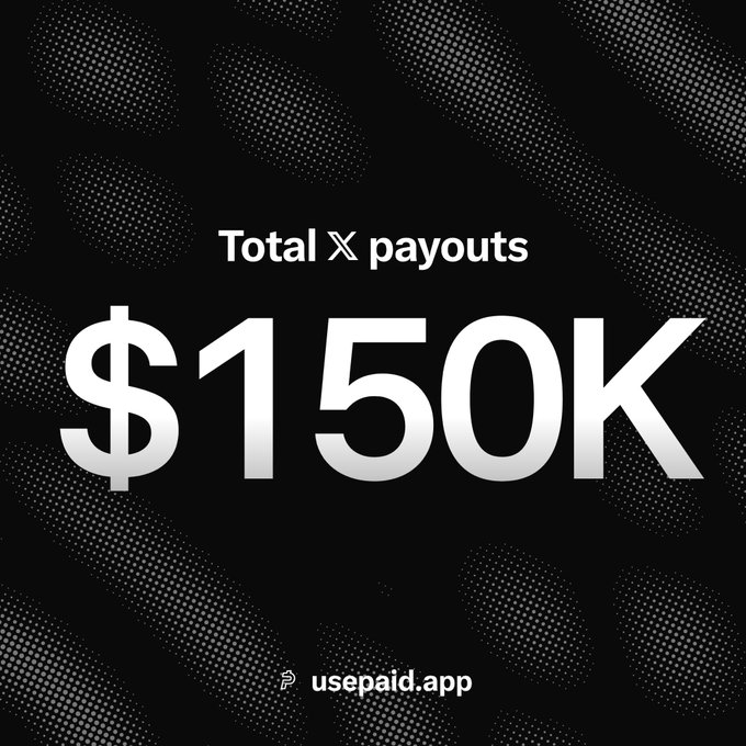 Bold graphic displaying 'Total X payouts' of '$150K' on a black textured background, with the usepaid.app logo at the bottom.