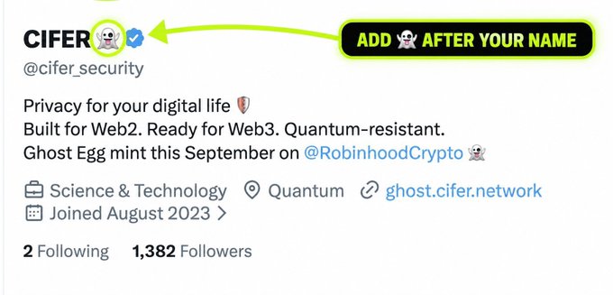 A Twitter/X profile for 'CIFER' (@cifer_security) with a verified skull ghost logo, describing itself as 'Privacy for your digital life' and 'Quantum-resistant,' with annotations pointing to add a ghost after your name.
