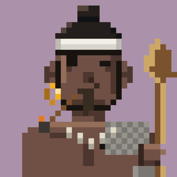 A pixel art portrait of a dark-skinned character wearing a black headwrap with a white band, holding a spear, set against a solid purple background.