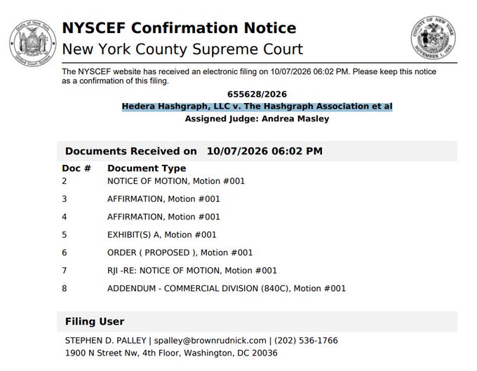 A NYSCEF Confirmation Notice from the New York County Supreme Court for case 655628/2026, Hedera Hashgraph, LLC v. The Hashgraph Association et al, assigned to Judge Andrea Masley.