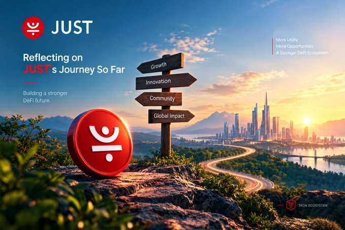 A promotional graphic for JUST token titled 'Reflecting on JUST's Journey So Far,' featuring a road sign with Growth, Innovation, Community, and Global Impact pointing toward a city skyline at sunset, with Tron Ecosystem branding.