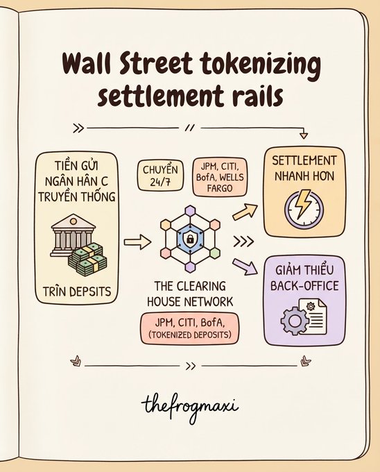 An illustrated notebook page titled 'Wall Street tokenizing settlement rails' shows a flow diagram from traditional bank deposits through a 'Clearing House Network' to faster settlement and reduced back-office work, by 'thefrogmaxi'.
