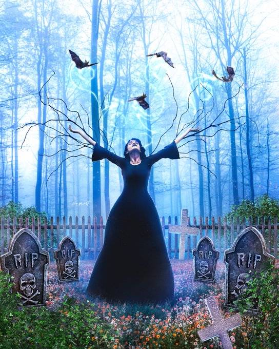 A gothic digital artwork depicts a woman in a long black dress with arms raised toward flying birds in a blue misty forest, standing among gravestones marked 'RIP' and glowing floral patterns.