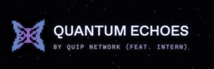 A pixelated dark logo appears next to the title text 'QUANTUM ECHOES' by 'QUIP NETWORK (FEAT. INTERN)' on a black background with faint vertical streaks.