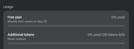 A dark-themed 'Usage' panel shows a 'Free plan' at 0% used with weekly limit resetting on Sep 23, and 'Additional tokens' at 0% used (2B tokens left).