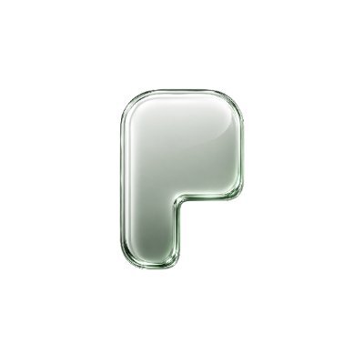 A 3D rendering of a glossy, translucent, pill-shaped letter 'P' on a white background.