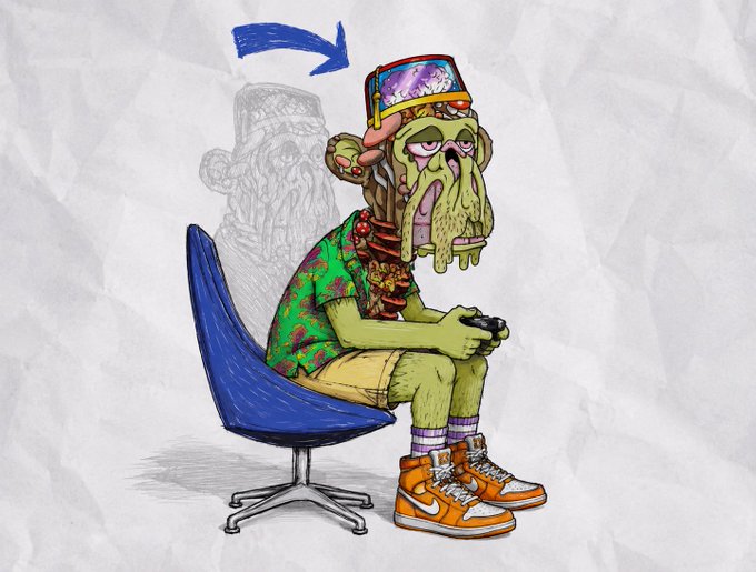 A stylized illustration of a skeletal, zombie-like character with a melted face wearing a green Hawaiian shirt, a decorative hat, and orange Nike sneakers, sitting in a blue chair playing a video game; an arrow points from a pencil sketch outline of the character to the finished color version.