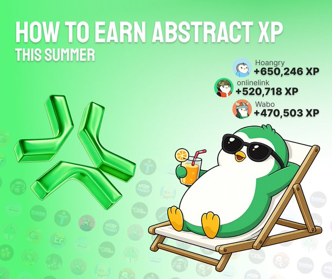 The image features a cartoon penguin sitting on a beach chair, holding an orange drink with a straw. The background of the image is green, which complements the penguin's surroundings. Below the penguin, there are three green arrows pointing in different directions, and below them, there are various icons representing different apps or services that can be used to earn Abstract XP. The text at the bottom of the image reads: "How to Earn Abstract XP this summer without grinding 24/7 Most people are missing these apps on @AbstractChain".