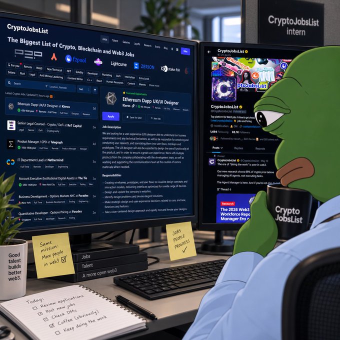 A cartoon Pepe the Frog character sits at a desk sipping from a "CryptoJobsList" mug while browsing the CryptoJobsList website on dual monitors, with the left screen displaying listings like "Ethereum Dapp UX/UI Designer" and "Product Manager | CPO at Telegram," and the right screen showing the platform's social feed referencing a "2026 Web3 Workforce Report." Sticky notes on the desk read "Same mission. More people in web3," "Jobs People Progress ✓," and "Good talent builds better web3," alongside a notepad checklist ("Review applications, Post new jobs, Check DMs, Coffee, Keep doing the work"), humorously illustrating the post's "keeping one eye on the job market and the other on the timeline" by splitting attention between job listings and crypto social updates.
