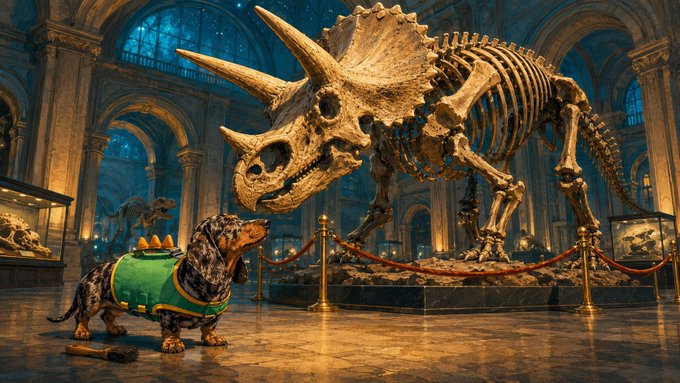 A dachshund wearing a green harness standing in a museum, looking up at a large Triceratops dinosaur skeleton.