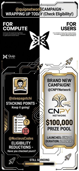 The image appears to be a poster or flyer for the @quipnetwork campaign. The primary focus of this post is to engage users by encouraging them to participate in a competition with a $100,000 prize pool. The main message of the post emphasizes that there is still plenty of time to keep stacking points and mentions @NucleusCodes as an active participant in the campaign. In addition, the poster includes various images related to the campaign's theme, such as a butterfly logo on the top left side and a banner with the phrase "Brand new Campaign!" written below it.