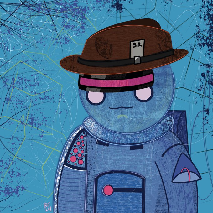 A stylized blue cartoon character wears a brown hat labeled “SA,” a pink headband, and a backpack with pink polka dots, set against a bright blue scribbled background.