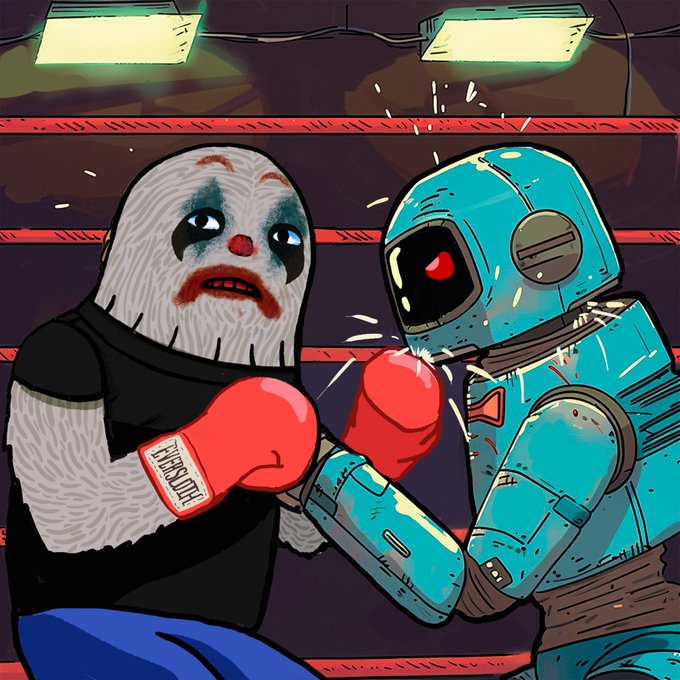 An illustrated cartoon scene of a boxing match in a ring, showing a figure in a tattered hockey mask and red 'LITESPEED' boxing gloves fighting a blue retro robot with a single red glowing eye.