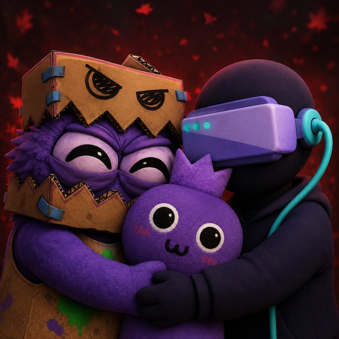 A 3D-rendered image shows a purple monster character wearing a cardboard box hat embracing a small purple plush toy while a dark figure in a VR headset hugs them from behind against a red starry background.