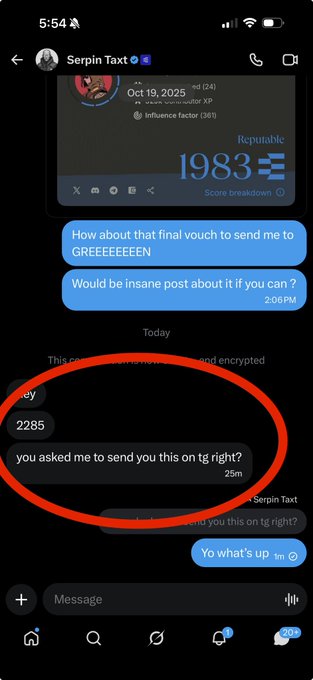 The image shows a Telegram conversation with "Serpin Taxt" where the user asks, "you asked me to send you this on tg right?" with the reply "Yo what's up." The circled message highlights the request to send a file on Telegram, which the accompanying post uses as evidence to expose a scam attempt impersonating @serpinxbt, noting the scammer's Telegram handle was created on Oct 19, 2025—the same day as their last legitimate DM about an Ethos Network vouch.