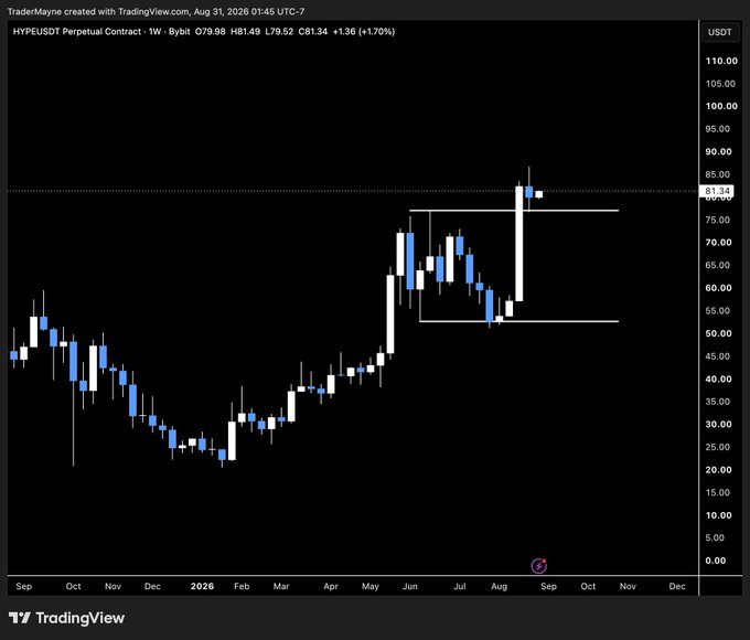 A weekly TradingView candlestick chart of the HYPE/USDT Perpetual Contract on Bybit shows the price climbing from around $20 in late 2025 to a recent high near $81.34 (+1.70%), trading within a highlighted consolidation range of roughly $50–$80 with a breakout attempt higher. The chart reflects the bullish momentum behind $HYPE heading into September 2026.