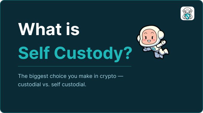 A graphic titled 'What is Self Custody?' with a cartoon astronaut mascot, explaining the choice between custodial vs. self custodial in crypto.