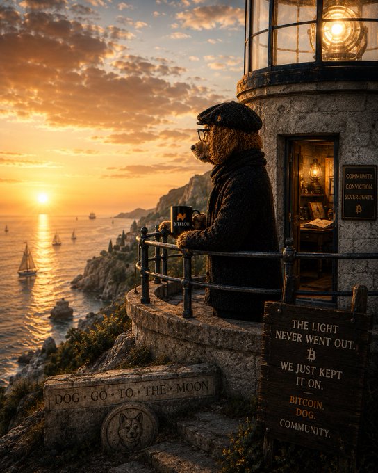 The image features a lighthouse with a bear sitting at the edge of its balcony, watching ships pass by over the water below. There are four boats visible near the shoreline. Below the scene, there's a sign that reads "DOG $DOG Legends. When the noise fades, you discover who was here for the price... and who was here for the mission. Bitcoin taught us sovereignty. DOG reminded us what community looks like." The bears fur is brown in color. It appears to be nighttime as seen by the lighthouse light at the top of the building.