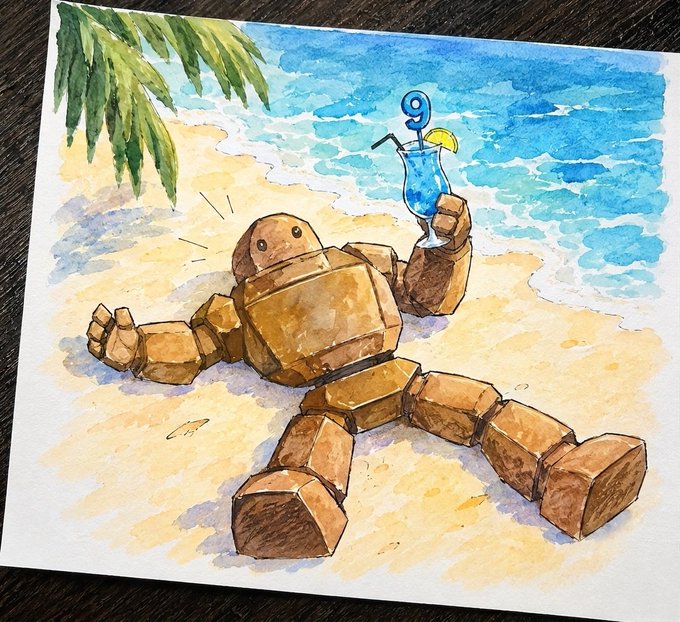 A watercolor painting of a blocky, robotic brown figure relaxing on a sandy beach under a palm tree, holding a blue cocktail garnished with a lemon slice and curly straw.