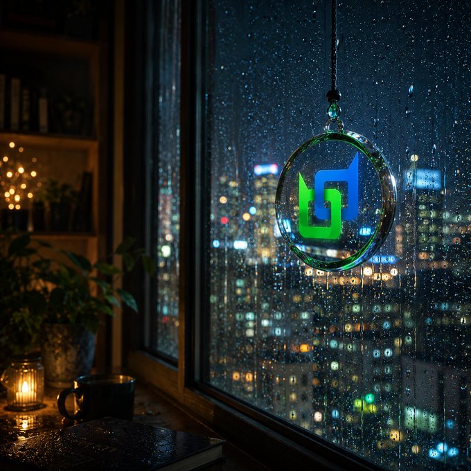 A glowing circular pendant with a green and blue logo hangs against a rainy window at night, overlooking a city skyline with lit buildings, while a candle glows warmly inside on the left.