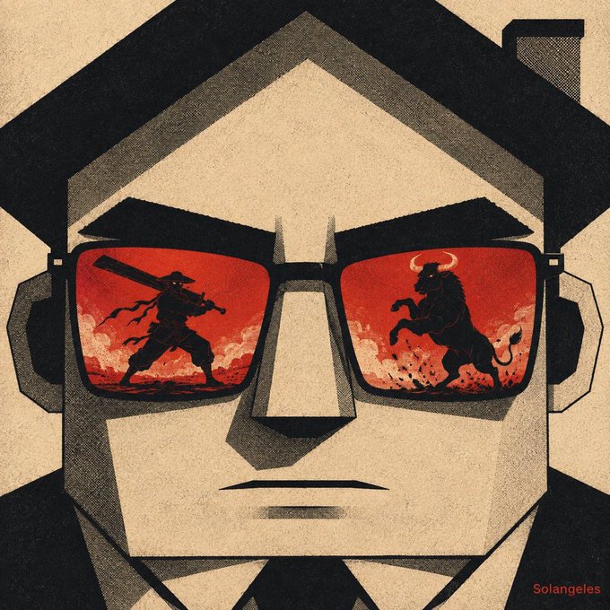 A stylized illustration shows a faceless, geometric figure wearing sunglasses whose red lenses reflect a warrior wielding a large sword on the left and a horned bull on the right, signed "Solangeles" in the bottom right corner—evoking a bold, mythic aesthetic that aligns with the cryptic invitation to "enter the solangeles group chat now."