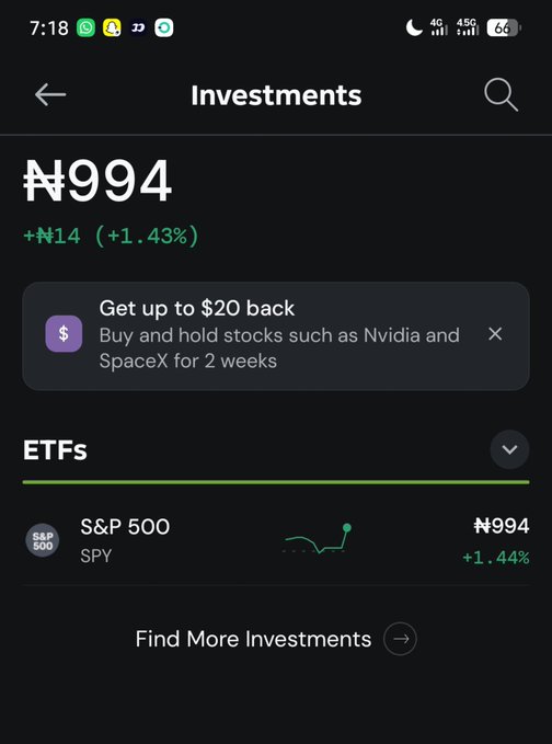 A mobile app screenshot titled 'Investments' displays a balance of ₦994 (up +₦14 / +1.43%) and an offer to 'Get up to $20 back' for holding stocks like Nvidia and SpaceX, with an S&P 500 (SPY) ETF shown below.