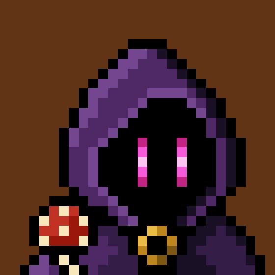 Pixel art character of a hooded figure in a purple cloak with pink vertical eyes, holding a small red and white object, set against a brown background.