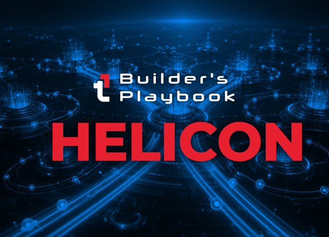 A digital graphic with a futuristic blue technological background displays the logos 'Builder's Playbook' and 'HELICON' in white and red text.