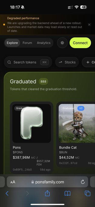 A mobile app screenshot showing a crypto/token tracking interface with a 'Degraded performance' warning banner, displaying a 'Graduated' section with tokens including 'Pons' ($PONS) at $387.96M and 'Bundle Cat' ($BUN) at $44.52M, viewed at ponsfamily.com.