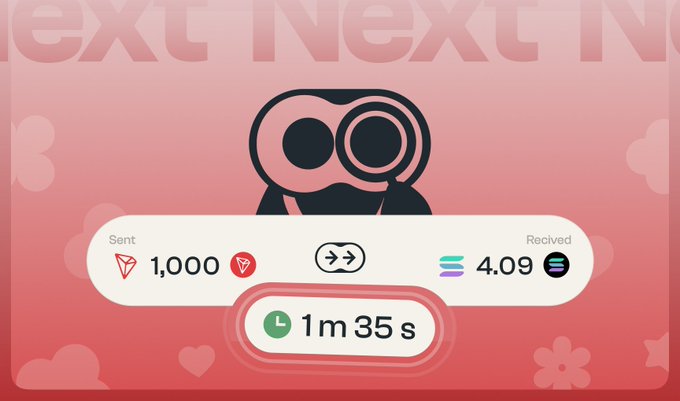 A pink-toned digital card featuring a stylized owl-like character shows a transaction summary: 1,000 sent (TRX), 4.09 received (SOL), with a transaction time of 1m 35s.