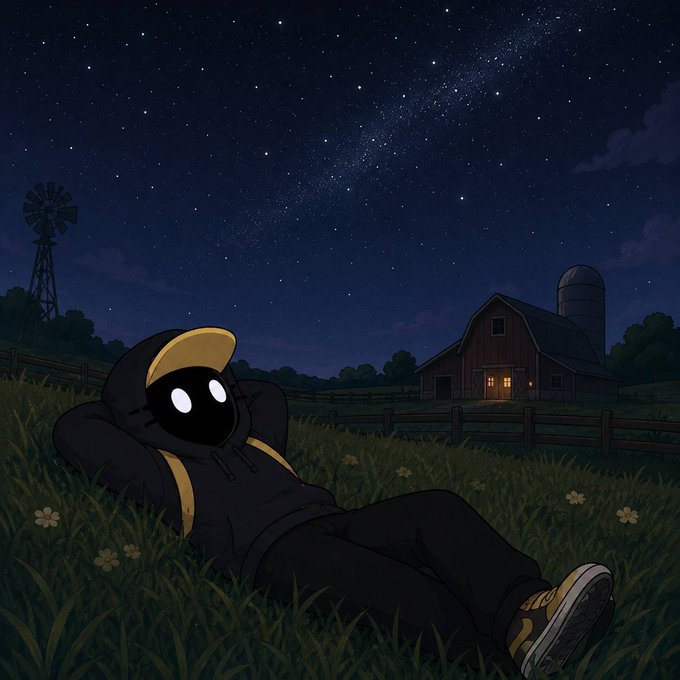 A shadowy hooded character with glowing white eyes relaxes in a grassy field under a starry night sky, with a red barn and windmill in the background. The peaceful, contemplative scene of stargazing complements the post's relaxed, optimistic tone about returning the next day—"We go again tomorrow!!"