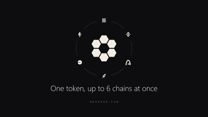 A promotional graphic for HEXAPAD.FUN featuring a hexagonal logo surrounded by cryptocurrency symbols, with text reading 'One token, up to 6 chains at once'.