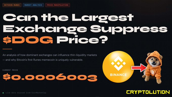 The image shows an advertisement for Bitcoin which features a dog wearing an orange hoodie with the text "Can the Largest Exchange Suppress $DOG Price?". The dog appears to be walking towards or in front of a golden-colored Bitcoin token, symbolizing the event happening to it. The image seems to be promoting a concept where a person is trading or buying a digital currency called Bitcoin using an Ethereum wallet (represented by an orange hoodie) for a certain amount of money, and once done, they have exclusive access to the Bitcoin token from then on.