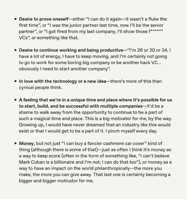 A bulleted text excerpt discussing motivations for entrepreneurship, including desire to prove oneself, continuing to work, love of technology, and money.