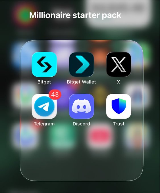 A 'Millionaire starter pack' meme showing app icons for Bitget, Bitget Wallet, X, Telegram, Discord, and Trust on a phone home screen.