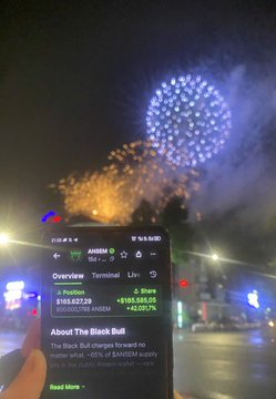 Photo of a hand holding a phone showing a Robinhood portfolio with Anheuser-Busch InBev (BUD) stocks and 'About The Black Bull' article, with fireworks exploding in the night sky in the background.