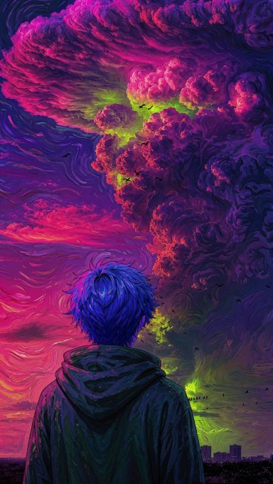 An anime-style illustration of a person with blue hair in a dark hoodie gazing at a vibrant, swirling sunset sky in shades of pink, purple, and green, with a city silhouette below.
