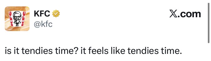 A tweet from verified KFC (@kfc) on X.com reads "is it tendies time? it feels like tendies time," humorously referencing crypto profits (tendies = gains) following the post about a $2,700 ETH price movement.