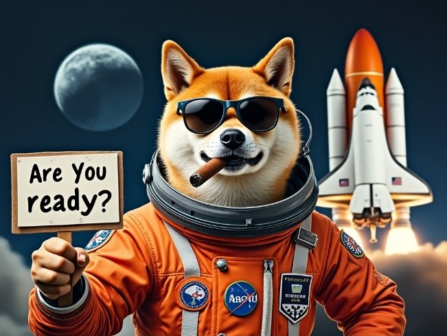 A digital illustration shows a Shiba Inu dog wearing sunglasses and an orange astronaut suit, holding an 'Are You ready?' sign, with a space shuttle and moon in the background.