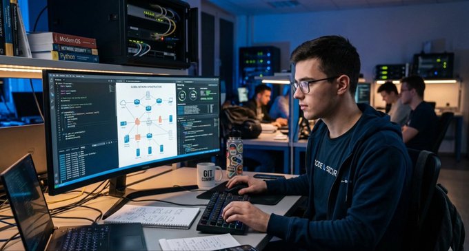 A young man with glasses works at a multi-monitor computer setup in a server room, with code, network diagrams, and Git references visible on the screens.