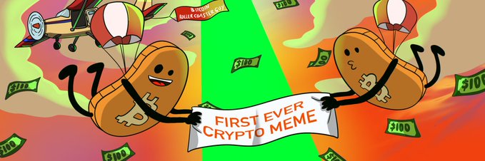 A cartoon illustration of an anthropomorphic peanut character with a Bitcoin logo on its chest, parachuting down with money falling around, holding a banner that reads 'FIRST EVER CRYPTO MEME'.