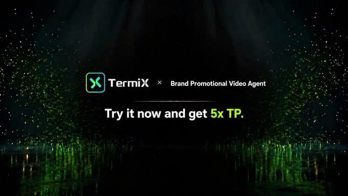 A promotional banner for 'TermiX × Brand Promotional Video Agent' with the text 'Try it now and get 5x TP.' against a dark, glowing background.