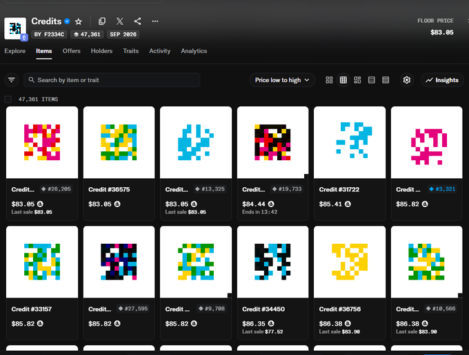 An NFT marketplace interface displays a collection titled "Credits" with 47,361 items showing pixel art designs priced between approximately $83 and $86.