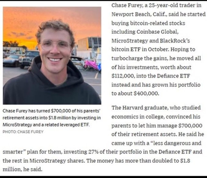 The image features a man wearing glasses, smiling for the camera while posing with a caption that reads "I think about this guy (and his parents) sometimes. $MSTR". The caption also includes some text discussing the man's retirement assets and how he has turned them into a portfolio worth more than double what they were when he started.
