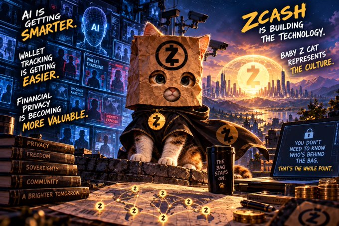 A promotional graphic for Zcash featuring a cat in a paper bag mask with a 'Z' logo, surrounded by text about AI, wallet tracking, and financial privacy, with messages like 'ZCASH IS BUILDING THE TECHNOLOGY' and 'YOU DON'T NEED TO KNOW WHO'S BEHIND THE BAG. THAT'S THE WHOLE POINT.'