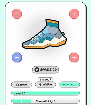 A game screenshot showing a virtual shoe mint interface with an item ID 699831329, classified as 'Common', 'Walker' type, with a 1~6 km/h speed, at Level 30 with Shoe Mint 2/7 progress.