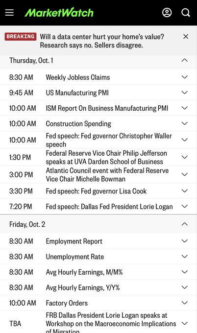 A screenshot from the MarketWatch app showing an economic calendar for Thursday, October 1, with various scheduled events including 'Weekly Jobless Claims', 'US Manufacturing PMI', 'Construction Spending', and multiple 'Fed speech' entries.