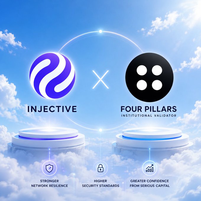 A promotional graphic showing a partnership between Injective (purple swirl logo) and Four Pillars Institutional Validator (black logo), highlighting stronger network resilience, higher security standards, and greater confidence from serious capital.